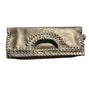 Big Buddha Snake Skin Foldover Whipstitch Metallic Clutch Purse
